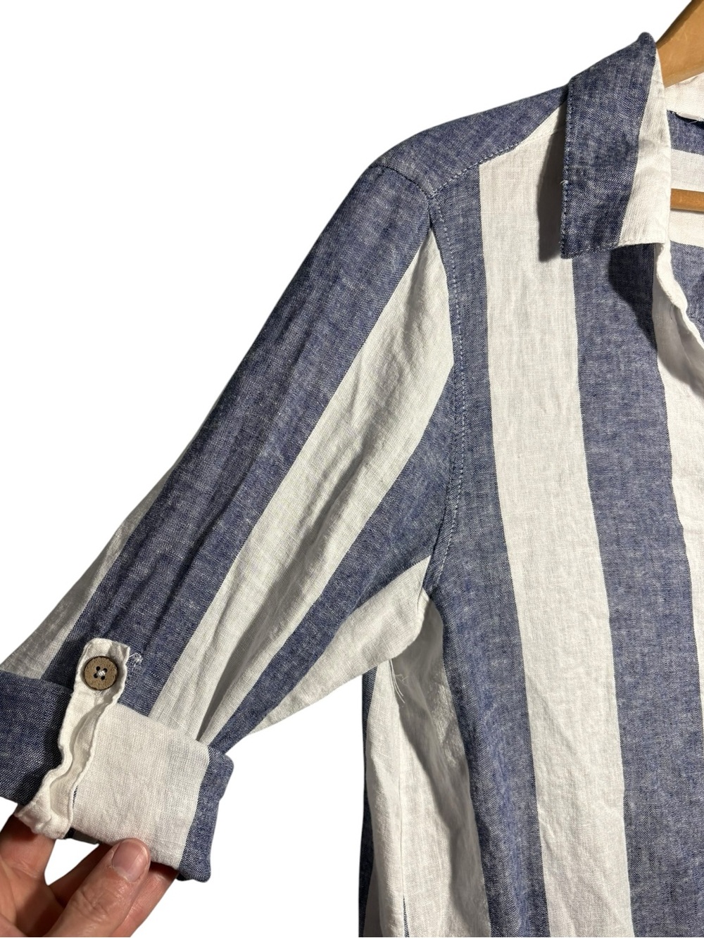 BLUE ISLAND | Blue and White Striped Button-Front Linen Shirt Dress L Coverup - Picture 7 of 14